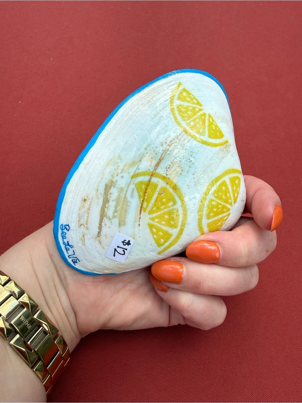 Hand-Painted Lobster Shell Trinket Dish - Blue, Red, Yellow